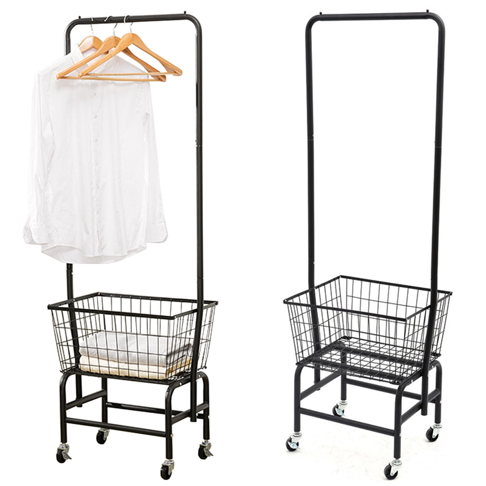 3Tier Metal Rolling Laundry Cart with Double Pole Rack and Bottom