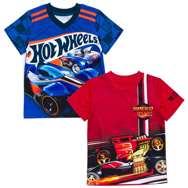 Pack de 2 camisetas Hot Wheels para niños pequeños, color rojo y azul, talla 6