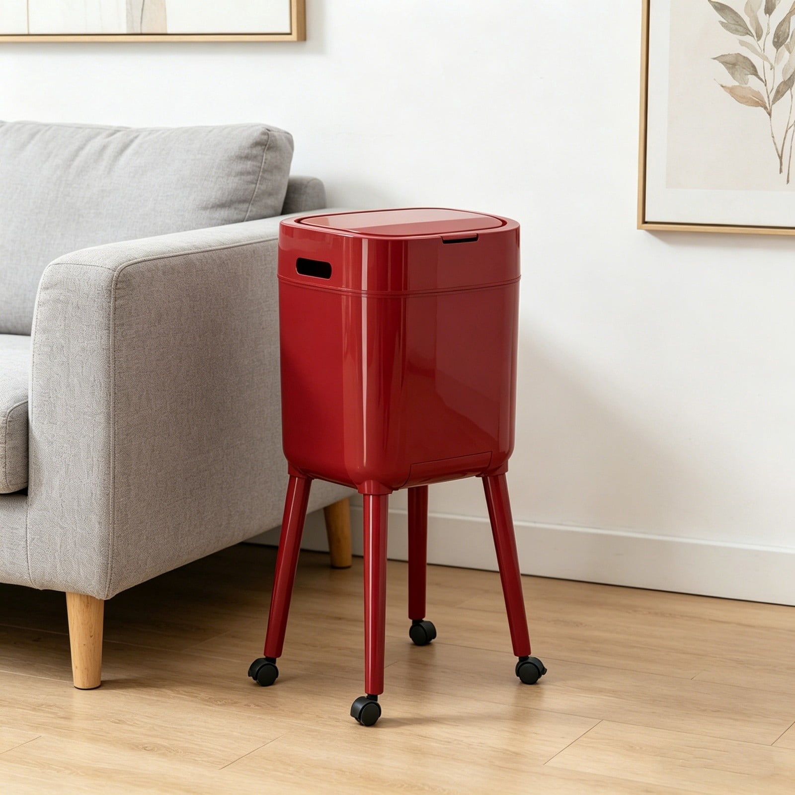 Bomd Modern High-Legged Trash Can with Wheels, Modern Narrow Garbage Can with Raised Legs, Space-Saving Rolling Dog-Proof Trash Bin for Bathroom, Kitchen, Bedroom, Office ，Red