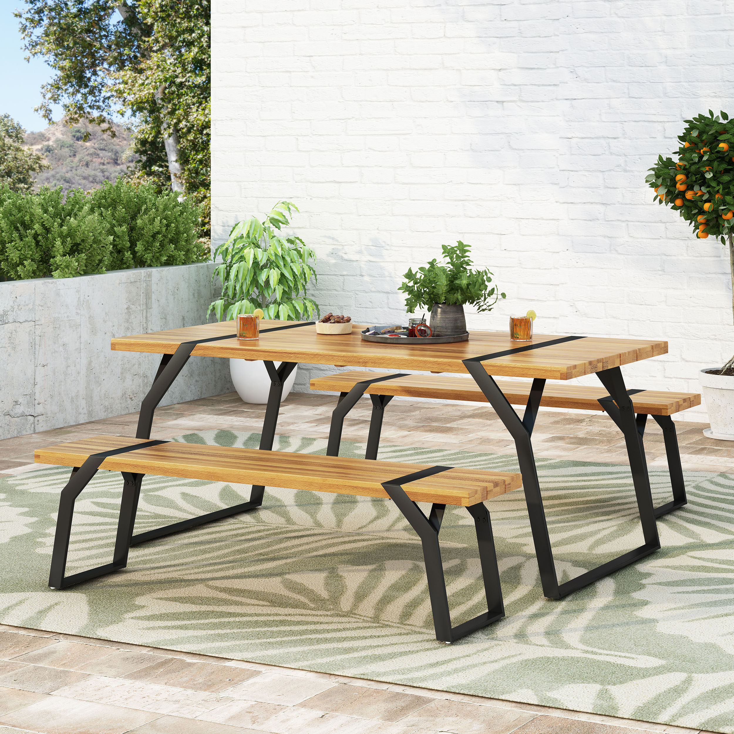 Nibley Acacia Wood Outdoor 3 Piece Picnic Dining Set, Teak and Black