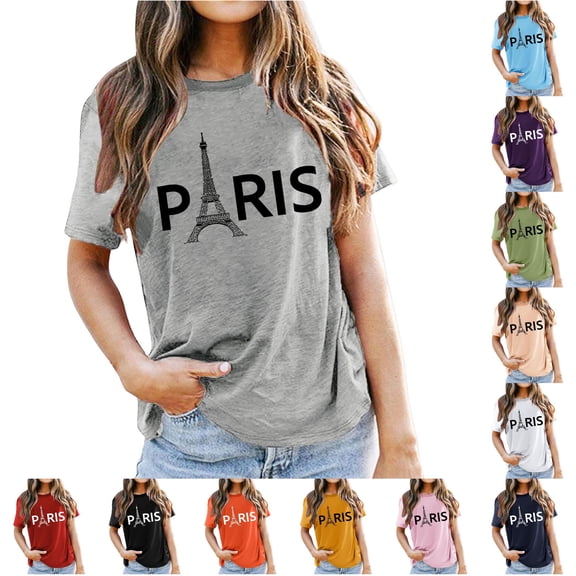 Trendfront Womens Paris Graphic T Shirts Crewneck Short Sleeve Eiffel Tower City Travel Print Casual Tee Tops for Women
