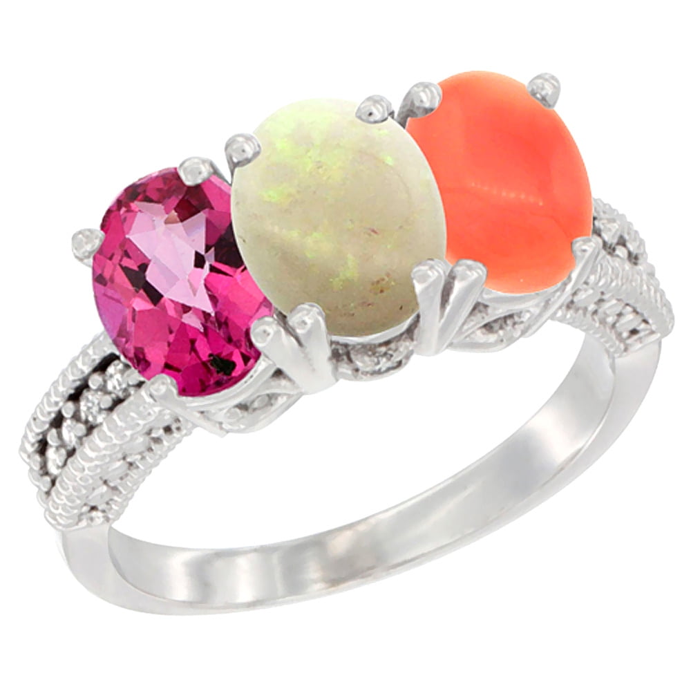 10K White Gold Natural Pink Topaz, Opal & Coral Ring 3-Stone Oval 7x5 mm Diamond Accent, sizes 5 10 by WorldJewels