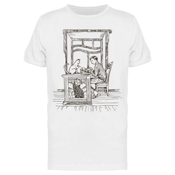 Typewriting With Cats On Desk T-Shirt Men -Image by Shutterstock, Male Small