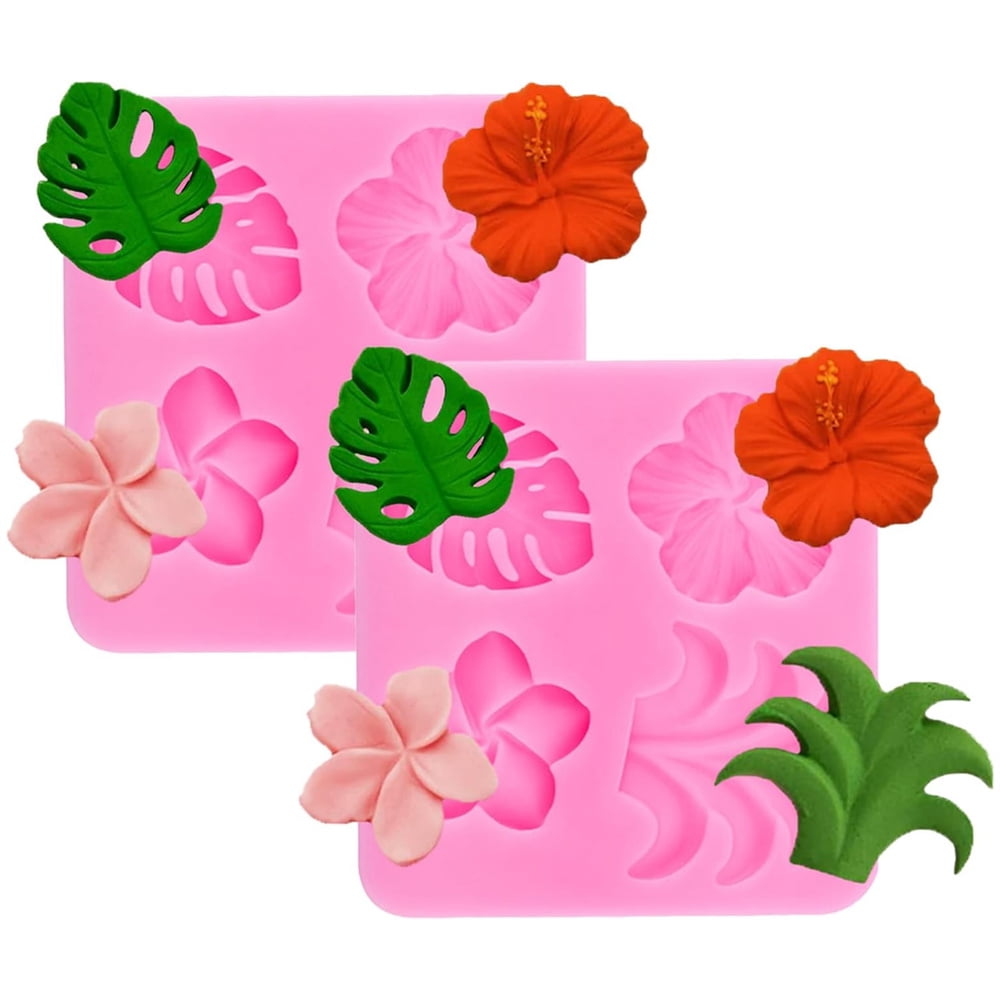Scheam 2 Pieces Tropical Flowers Silicone Molds,Hibiscus Flower Fondant Mold ,Palm Leaf Candy Molds,Turtle Leaves Shape Resin Tools,for Cake Decorating Cupcake Topper Birthday Party Pink