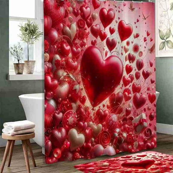 70x70 inch Red and Pink 3D Romantic Heart Shower Curtain, Waterproof Polyester Fabric with Hooks for Bathroom Decor