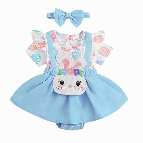 JUMEYU Newborn Girl Clothes Newborn Baby Girl Summer Romper Dress Infant Fly Sleeve Flower Embroidery Mesh Tulle Skirt Hem Ribbed Bodysuit 0 3 6 9 12 18 24 Months (Sky Blue,0-3 Months)