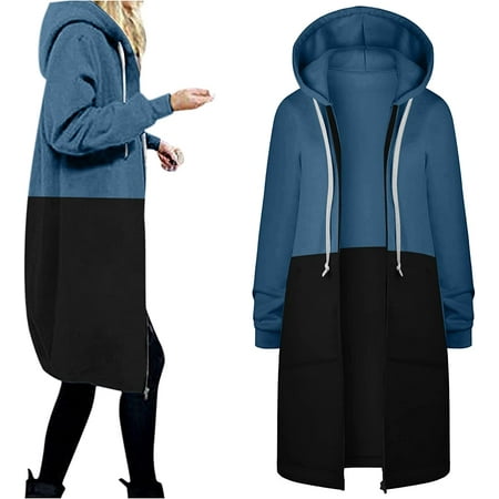 

Womens Hoodies Coat with Pockets Fall Winter Warm Drawstring Zipper Open Thin Hooded Jackets Long Cardigans Tops Outwear