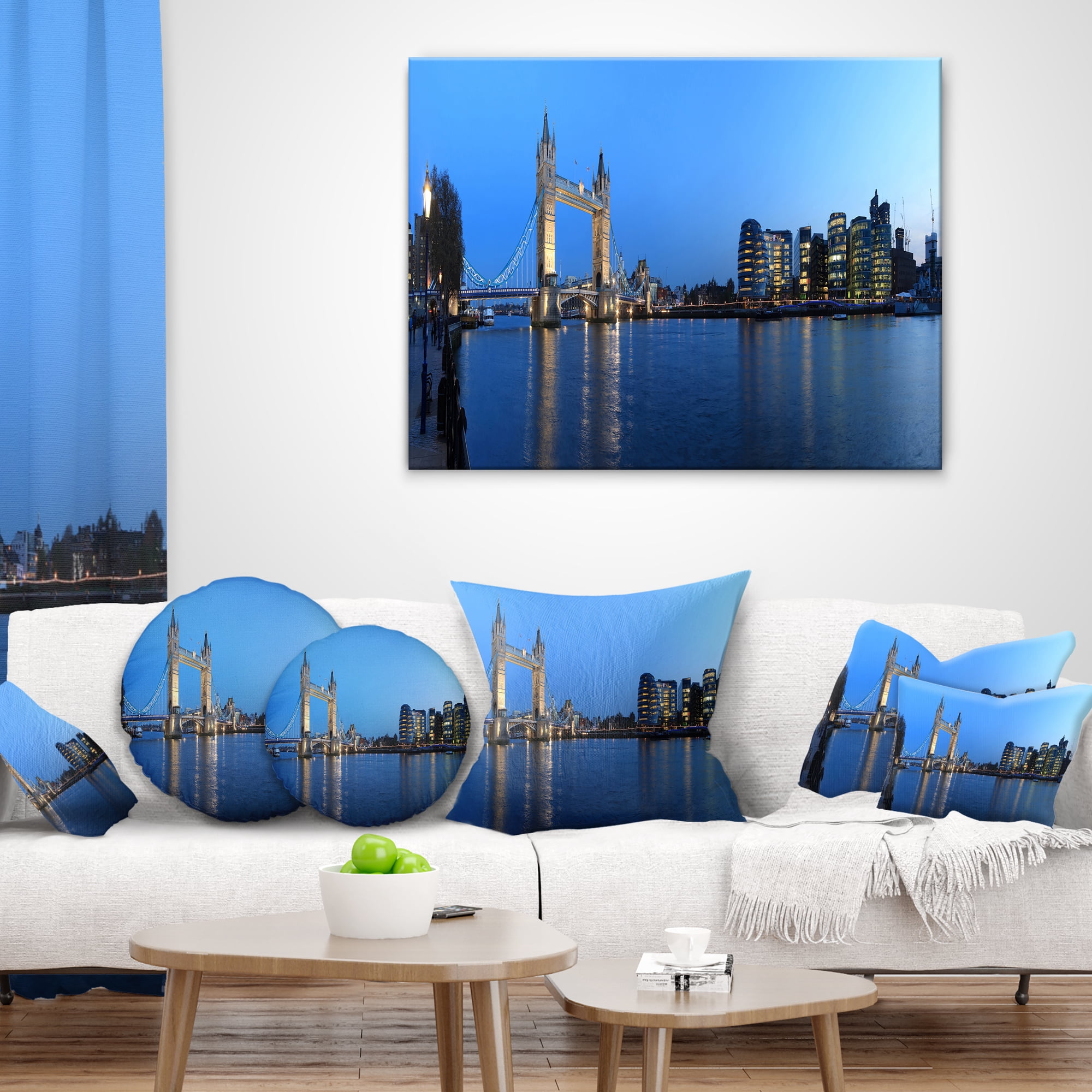 Designart London Tower Bridge in Blue - Cityscape Photo Throw Pillow - 12x20