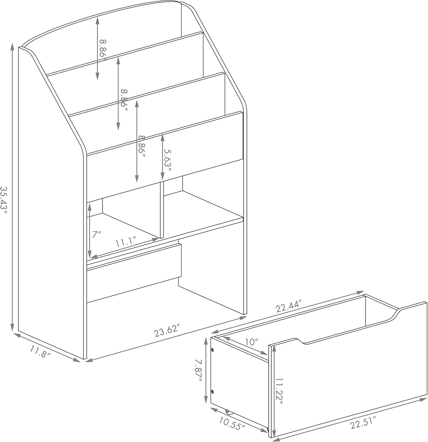 UTEX Kids Bookshelf Toy Organizer with Rolling Toy Box, White, 23.62” W x 11.8” D x 35.43” H