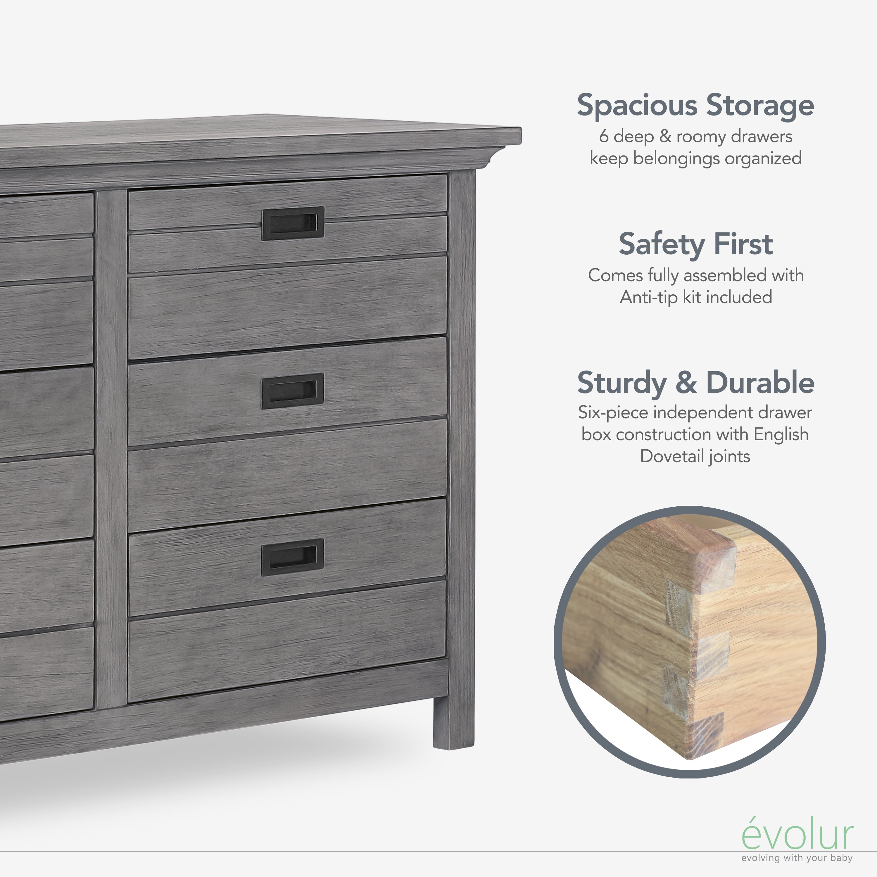 Evolur Waverly Double Dresser, Rustic Grey