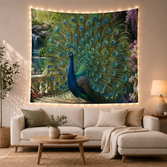 Blue Green Peacock with Jeweled Feathers in Garden Oasis, Majestic Fantasy for Nature Lovers, Wildlife Wall Art Decor, Housewarming Gift Tapestry Wall Hanging for Living Room and Bedroom