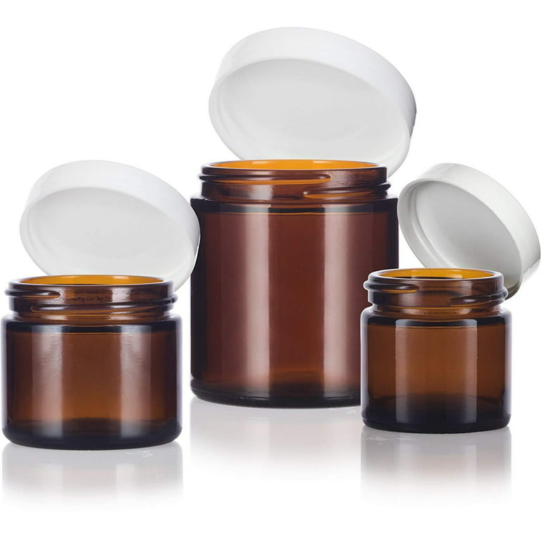 6 piece Amber Glass Straight Sided Jar Multi Size Set : Includes 2-1 oz,  2-2 oz, and 2-4 oz Amber Glass Jars with White Lids + Spatulas and Labels 
