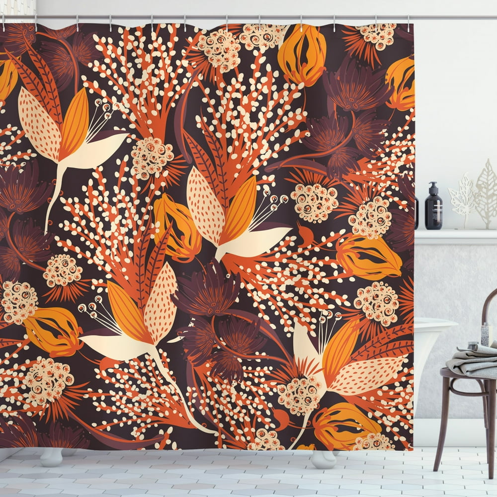 Autumn Shower Curtain, Fall Season Bouquet Leaves Artistic Rust Toned