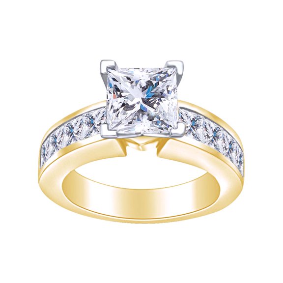 AFFY 2 1/2 Carat Princess Cut White Natural Diamond Solitaire Engagement Ring In 14k Solid Yellow Gold (2.50 Cttw) Ring Size-5