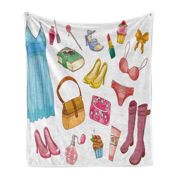 Heels and Dresses Soft Flannel Fleece Throw Blanket, Girlish Items Cartoon Style Cosmetics Boots Cupcakes Lipstick, Cozy Plush for Indoor and Outdoor Use, 60" x 80", Multicolor, by Ambesonne
