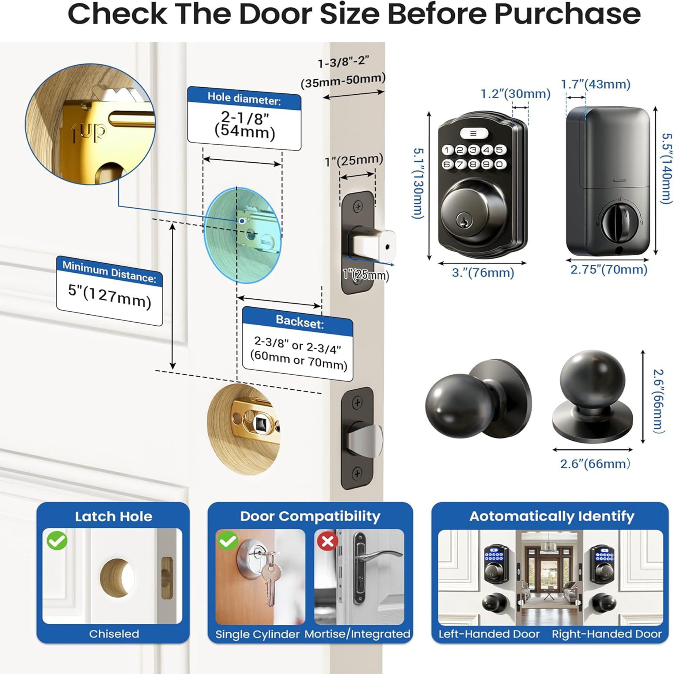 Veise Keyless Entry Door Lock with Handle, Electronic Keypad Deadbolt, Auto Lock, 2 Knobs, Black