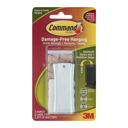 Command Sticky Nail Sawtooth Hanger, White, 1 Hanger, 2 Large strips, 2 Sets of Mini Strips/Pack