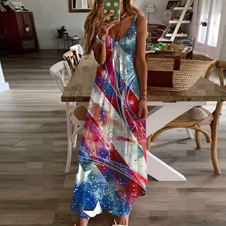 GERsome Independent Day Dress for Women Summer Maxi Dress V-Neck Sleeveless  American Flag Spaghetti Strap Long Dress S-XXL - Walmart.com