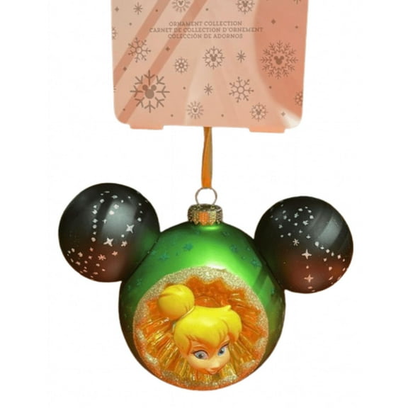 Disney Parks Walt Disney Tinker Bell Icon Mickey Ears Glass Christmas Ornament
