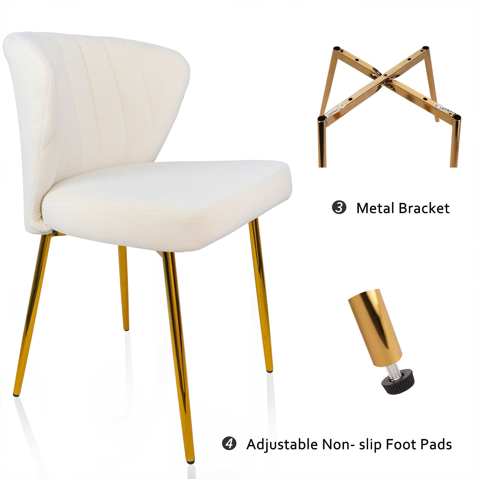 MOJAY Modern Velvet Dining Chair Set of 2, Dining Table Chair, and Living Room Chair with Tufted Backrest and Golden Legs, White
