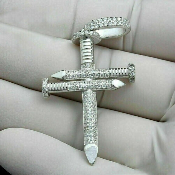 Men's 3 Ct Round Cut White Moissanite Nail Cross Pendant 14K White Gold Plated