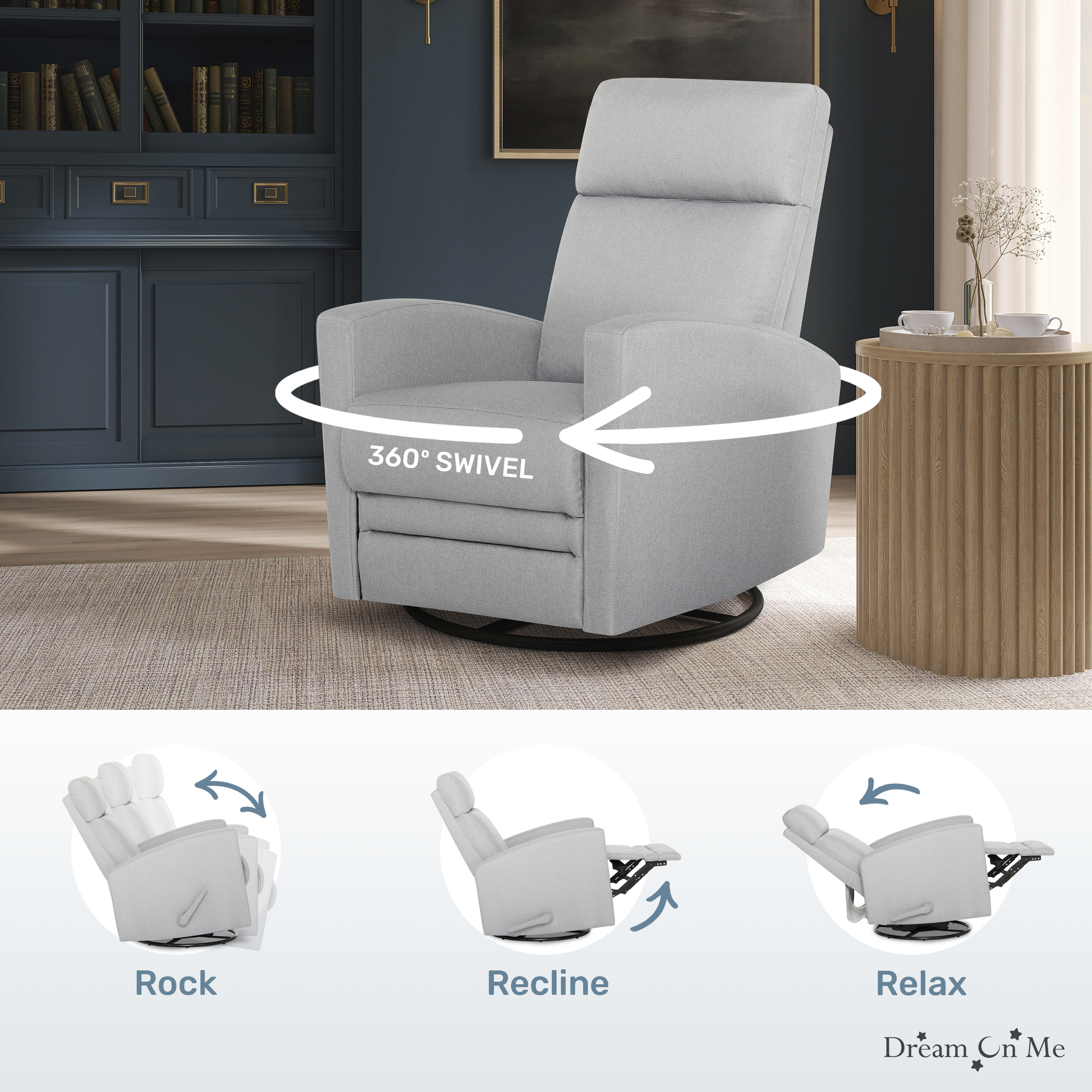 Dream On Me Chatham Glider Recliner, Gray with 360° Swivel photo 5