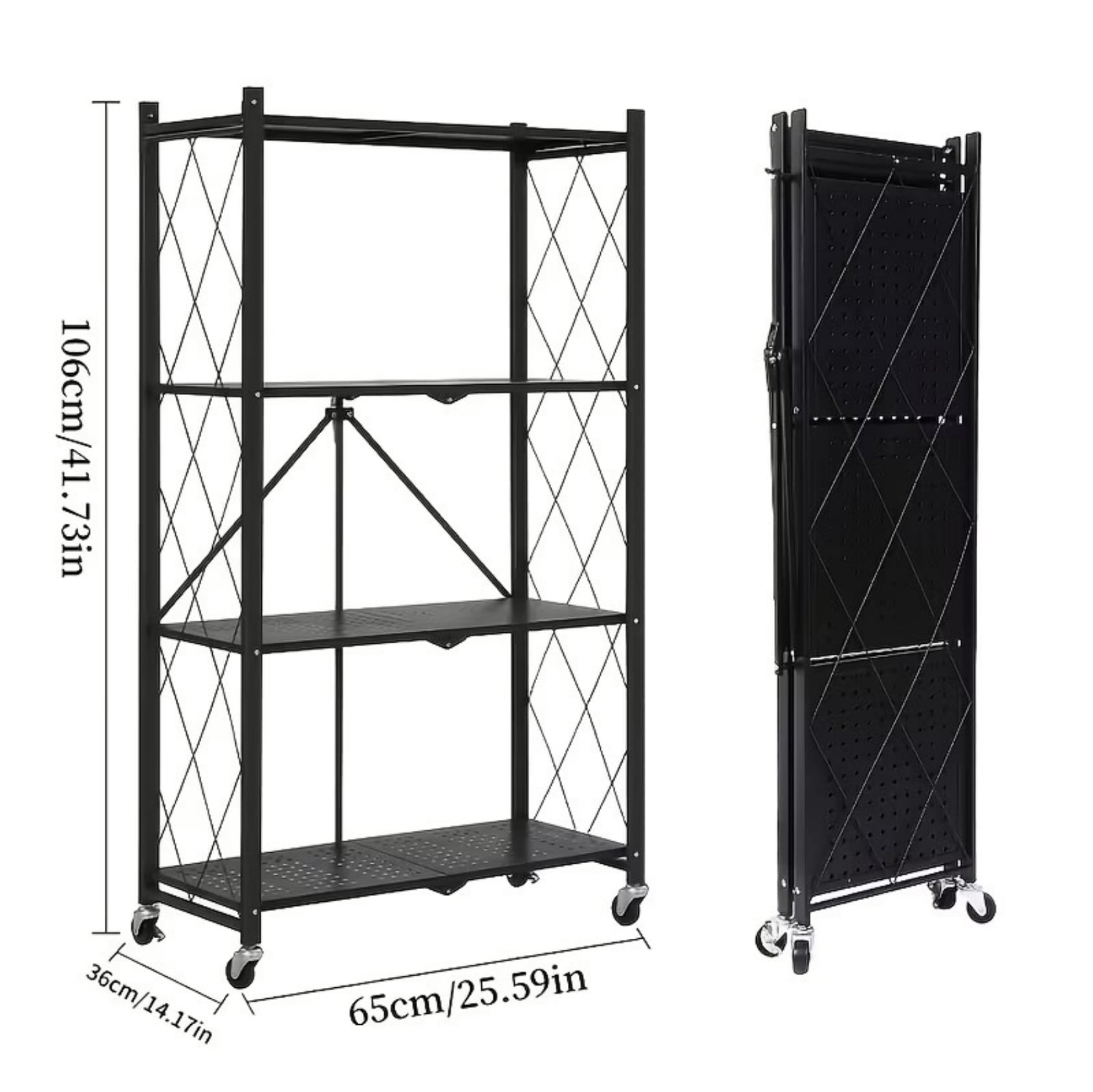 42"H 4-Tier Foldable Metal Storage Rack, Installation-Free Kitchen Organizer Shelf, Heavy Duty Carbon Steel Storage Rack for Kitchen Living Room Bedroom Balcony, Black