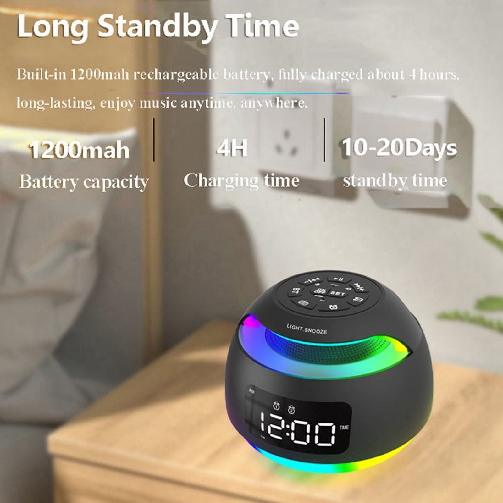 Portable LED Alarm Clock Radio RGB ColorfulLight Radio Receiver Wireless Bluetooth Speaker with DualAlarm Clock Snooze,A