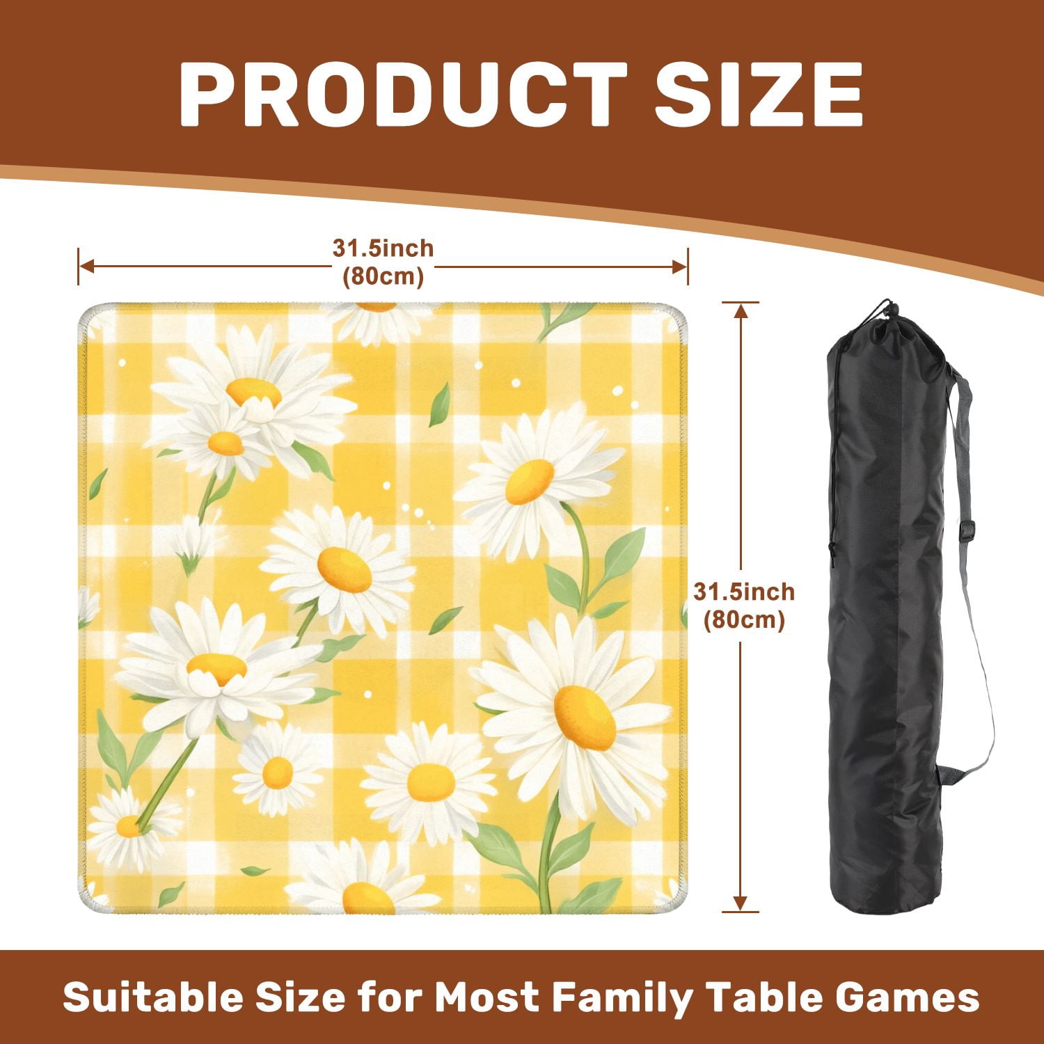Mahjong Mat 31.5" x 31.5" White Daisies Yellow Checkered Non-Slip Noise Reduction American Mahjong Tiles Table Cover for Dominoes Poker Card Board Games Gift