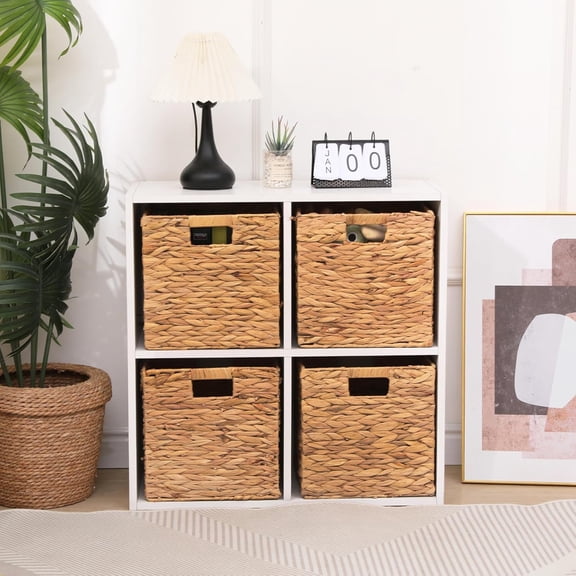 11x11in Storage Baskets Set of 4 Water Hyacinth Foldable Handwoven Cubes for Bathroom Bedroom Laundry Pantry Shelves