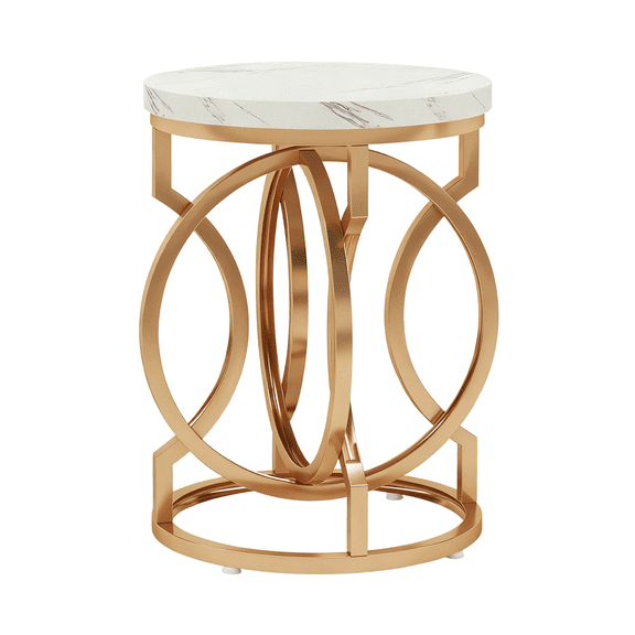 KIOOTTO Set of 2 20" Round Faux Marble End Tables with Thick Tops and Gold O-Shaped Metal Bases