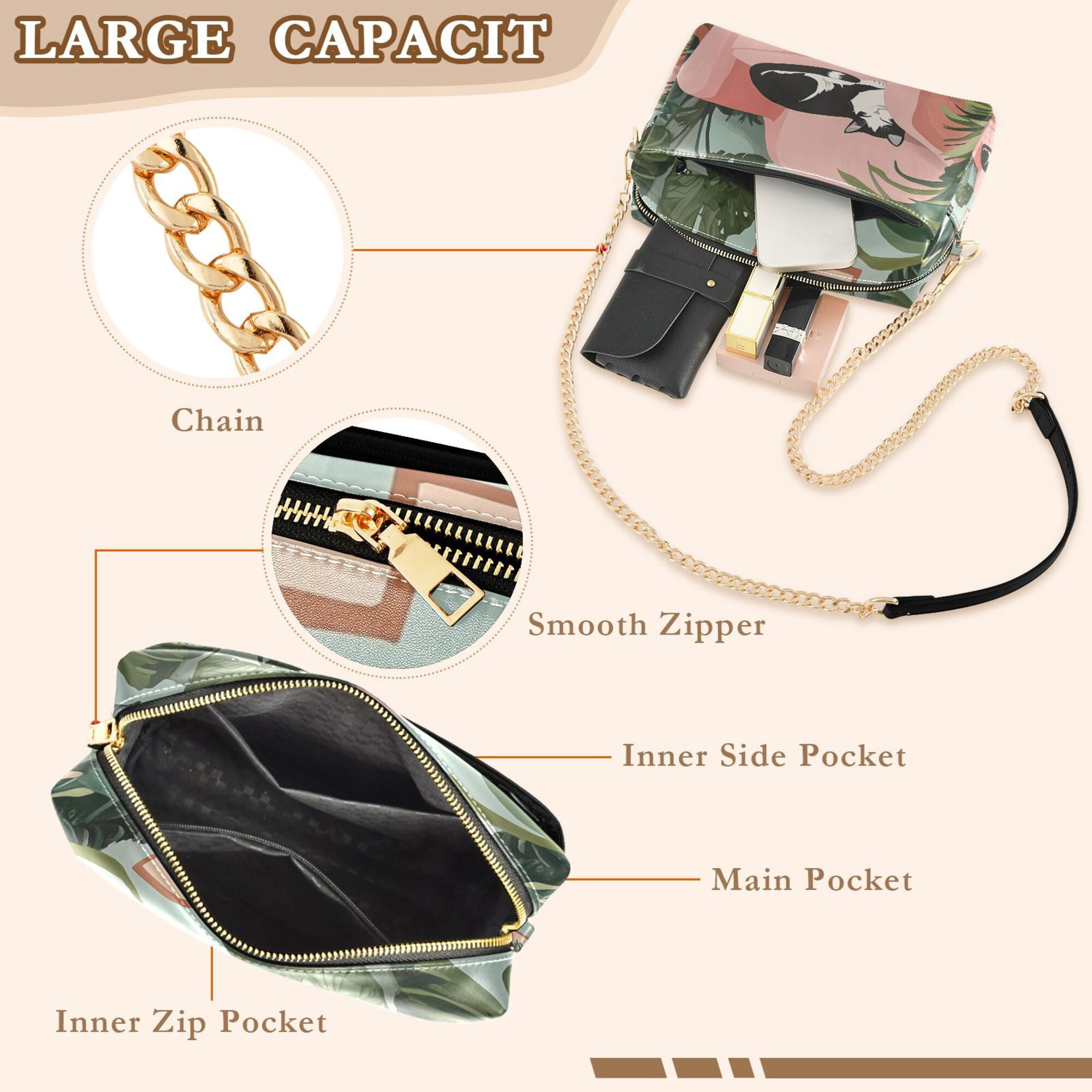 FORMRS Women Crossbody Purse with Chain Strap Vegan Leather Shoulder Handbag, Pink Sleeping Cat