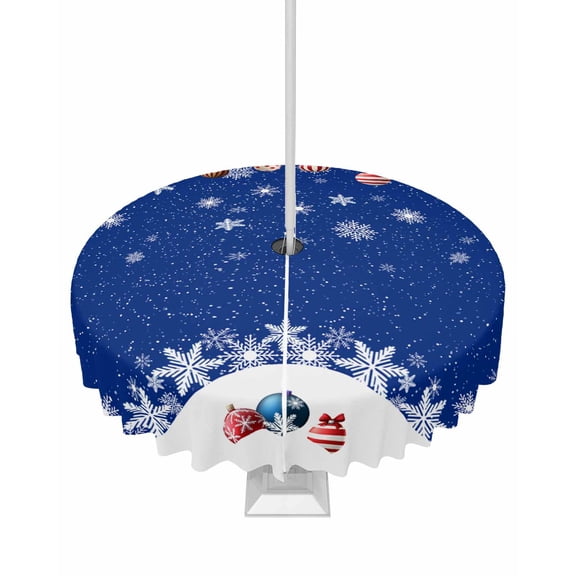 Boanket Outdoor Tablecloth with Umbrella Hole for Patio/Picnic/Party/Camping, Blue Christmas Waterproof Table Cloth Round Cover Washable, Xmas Balls White Snowflake (Dia 54")