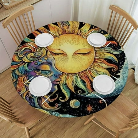 

Sheronv Sun Moon Psychedelic Art Round Table Cover Stain Resistant Washable 100% Polyester Table Cloth for Indoor Outdoor Kitchen Dining Wedding Parties 31 -35