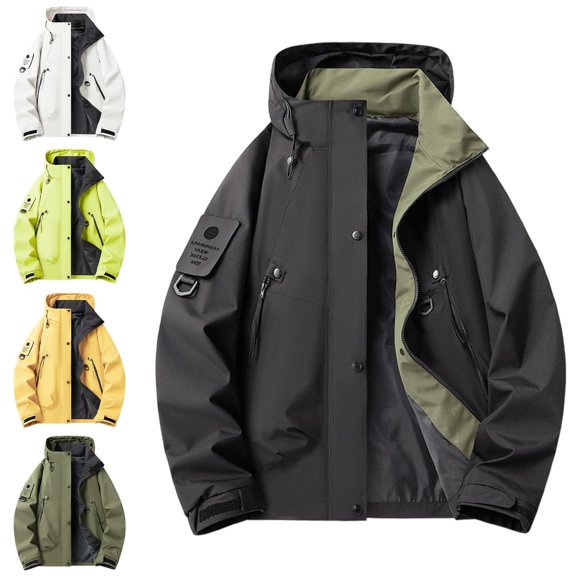 Zivyakyro Windbreaker Men's Rain Jacket Long Sleeve Waterproof Work Zip up Jacket Plain Hooded Loose Yellow XS