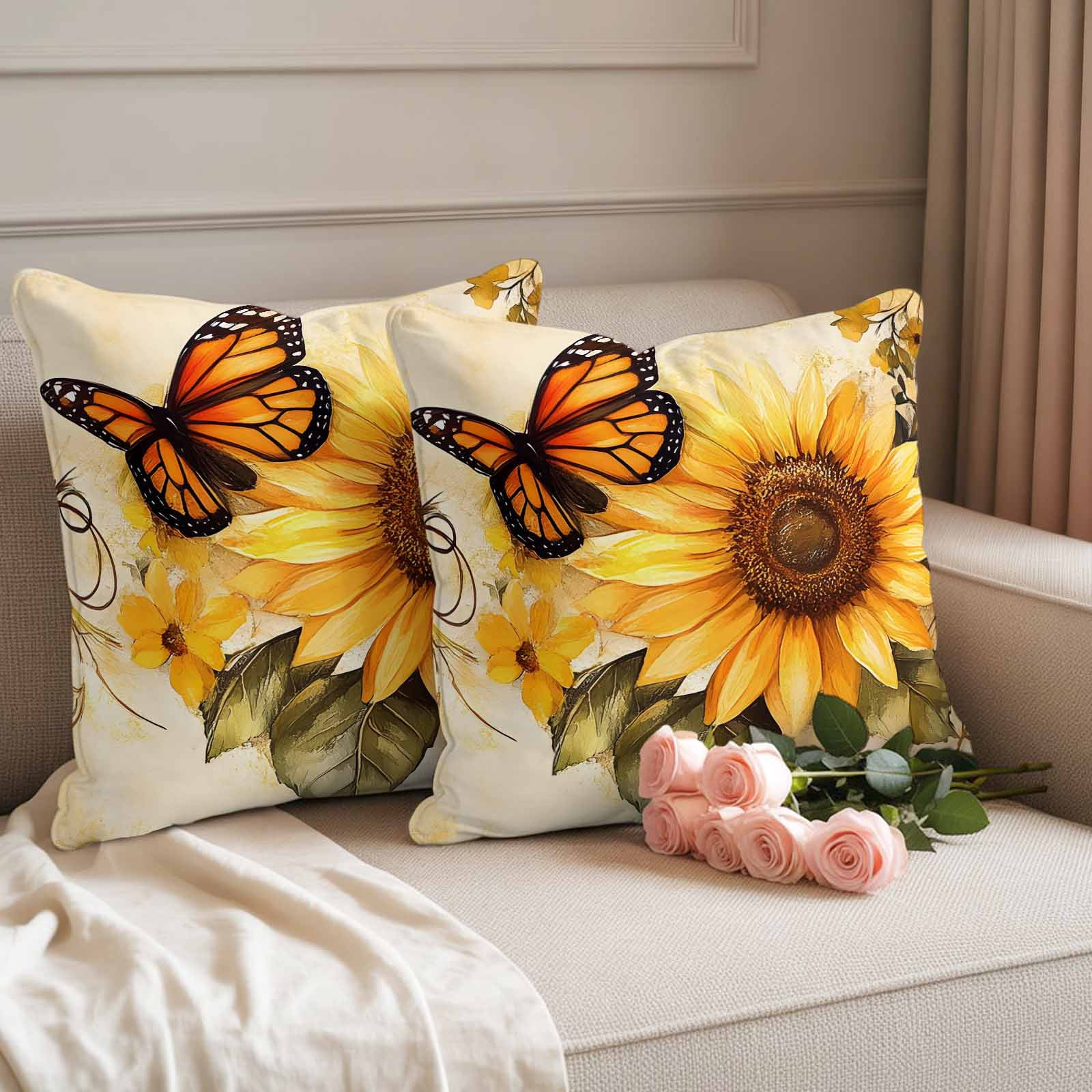 Pack of 2 Outdoor Pillow Covers 18x18 Inch Waterproof Sunflower Throw Pillow Covers, Decorative Couch Pillow Case Sham Butterfly Spring Floral Retro Pillowcases Cushion Covers for Patio Garden