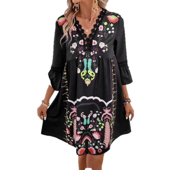EASYBRAUS Women V Neck Lace Print Summer Dress Casual Floral Flare Sleeve Short Dress