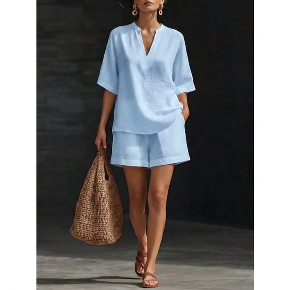 Blue Linen Cotton V-Neck Top And Shorts Two-Piece Set, Relaxed Fit Casual Co-Ord