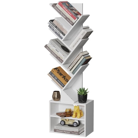 6 Tier Tree Bookshelf, Tall Bookcase with Storage Cabinet, Modern Narrow Bookshelves Organizer, Floor Standing Book Shelf for Bedroom/Living Room/Home Office/Corner, White