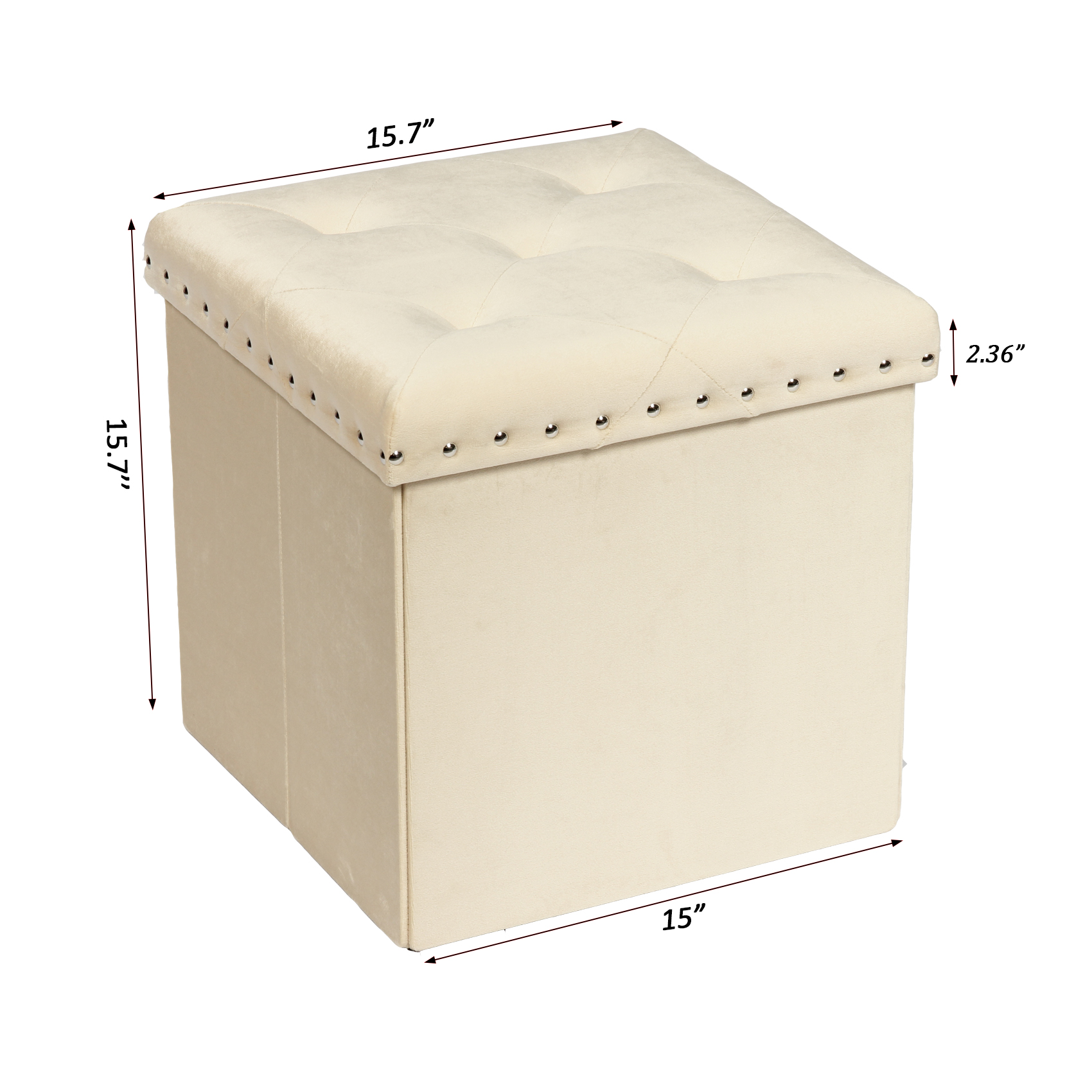 PINPLUS 15.7" Beige Velvet Folding Storage Ottoman Cube, Small Foot Rest Stool, Window Seat for Living Room, Toy Chest Box with Rivet Tray - image 4 of 7