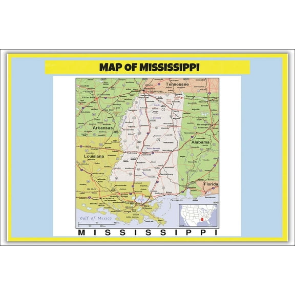 Map of Mississippi Style C - Laminated Wall Map Poster Print Perfect for Classrooms and Homes - Vivid Imagery with Bright Colors - 18x24