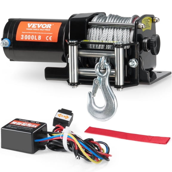 3000 lb Electric Winch 12V DC ATV UTV Winch with 3/16 in x 39 ft Steel Cable Roller Fairlead Wired Remote Control IP55 Waterproof for Off Road Towing
