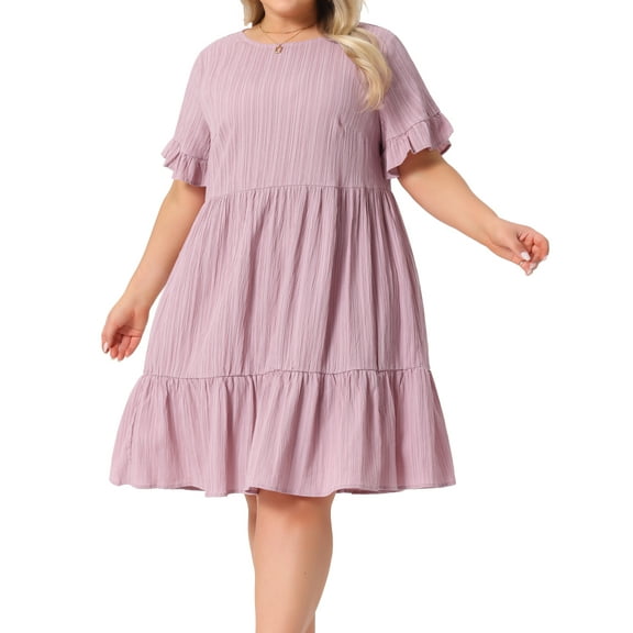 DARING DIVA Plus Size Ruffle Short Sleeve A Line Midi Casual Dress 1X Pink