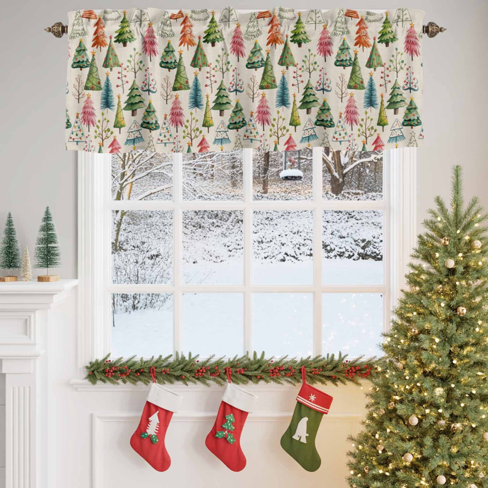 Vintage Christmas Tree Valances for Windows,Kitchen Valance Rod Pocket Short Curtain,Winter Plant on Linen Valance Curtain Window Valances for Bedroom 54x18in