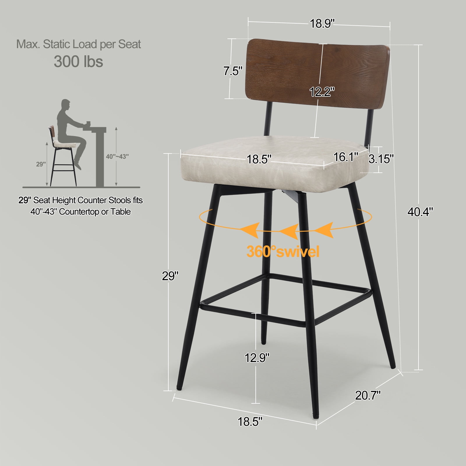 ANMINY PU Swivel Bar Stools Set of 4, 29" Seat Height, Upholstered Faux Leather Island Counter Barstools w/ Wood Mid-Back Metal Legs Home Kitchen Stool, Griege