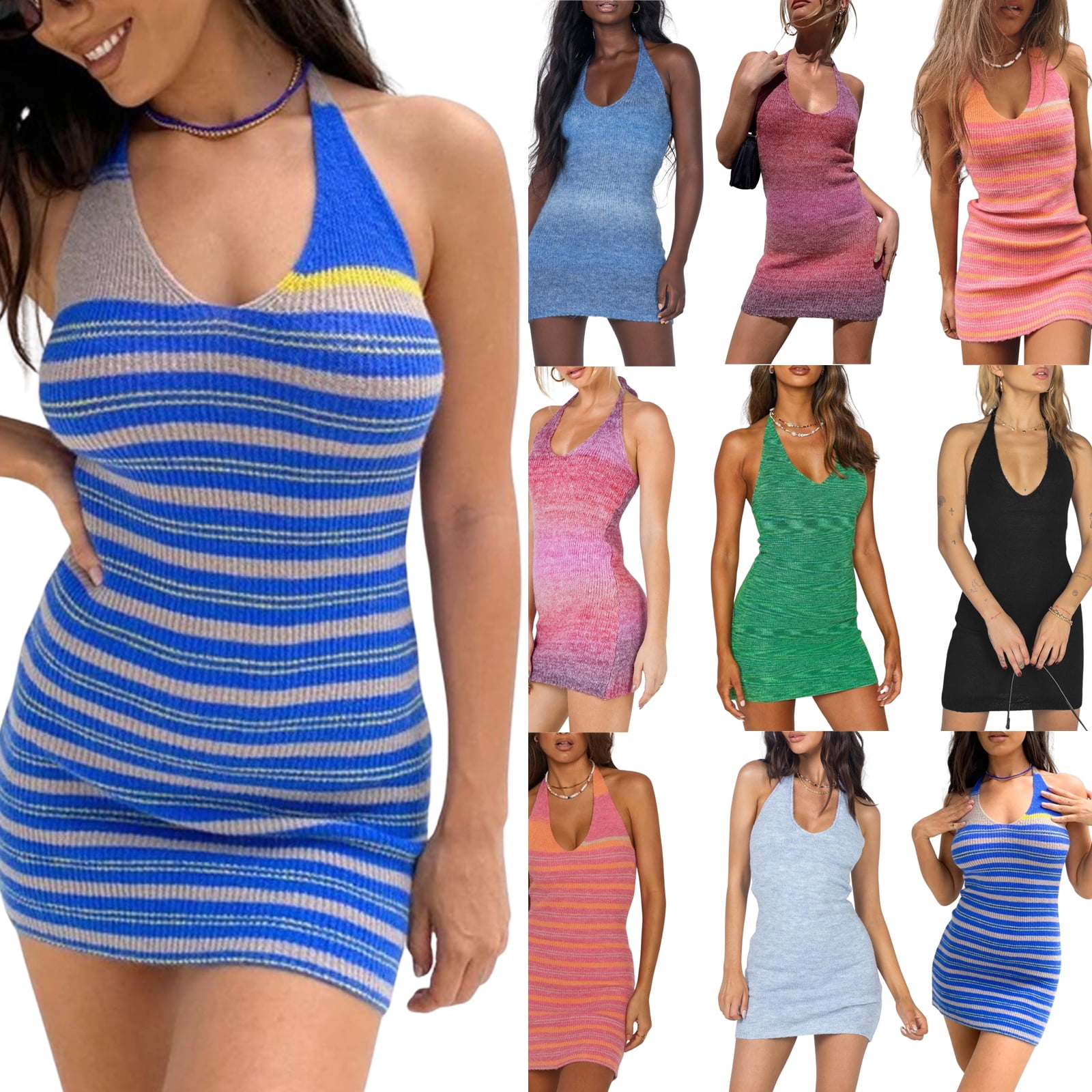 Blue Rib Knit Halter Backless Sleeveless Bodycon Dress for Mom and Me