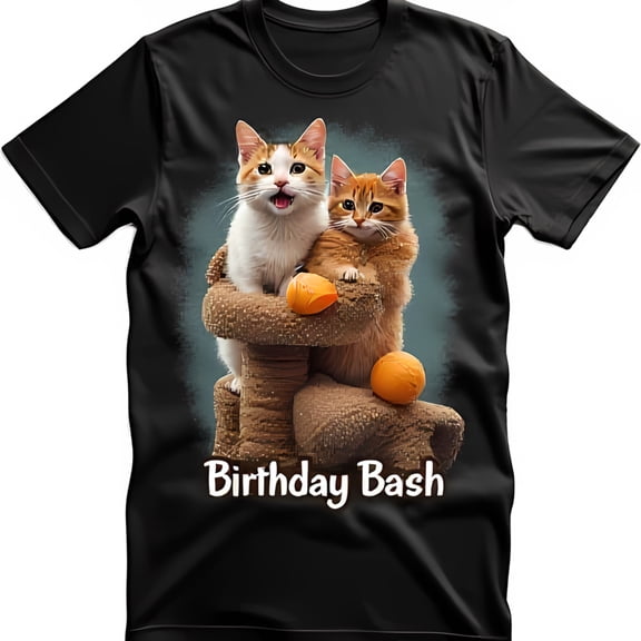 Adorable Cats on Cat Tree T-Shirt White & Tabby with Birthday Bash Design Fun Black Tee