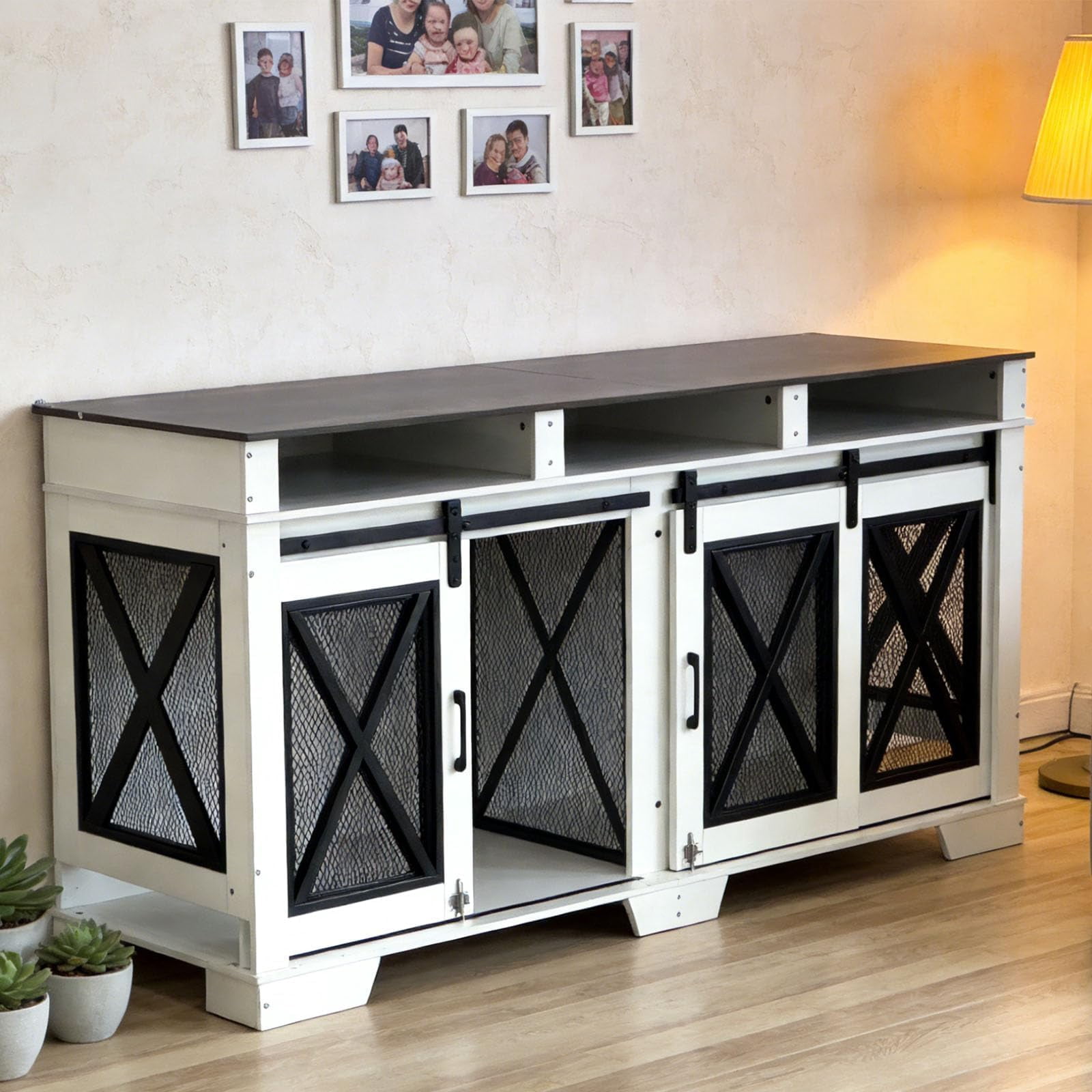 Garvee 71 Inch Dual-Panel Ironwood Dog Cage - Double Layer Steel and Particleboard, Large Double Compartment Dog Crate, Metal and Wood Dog Kennel, Indoor Outdoor Double Door