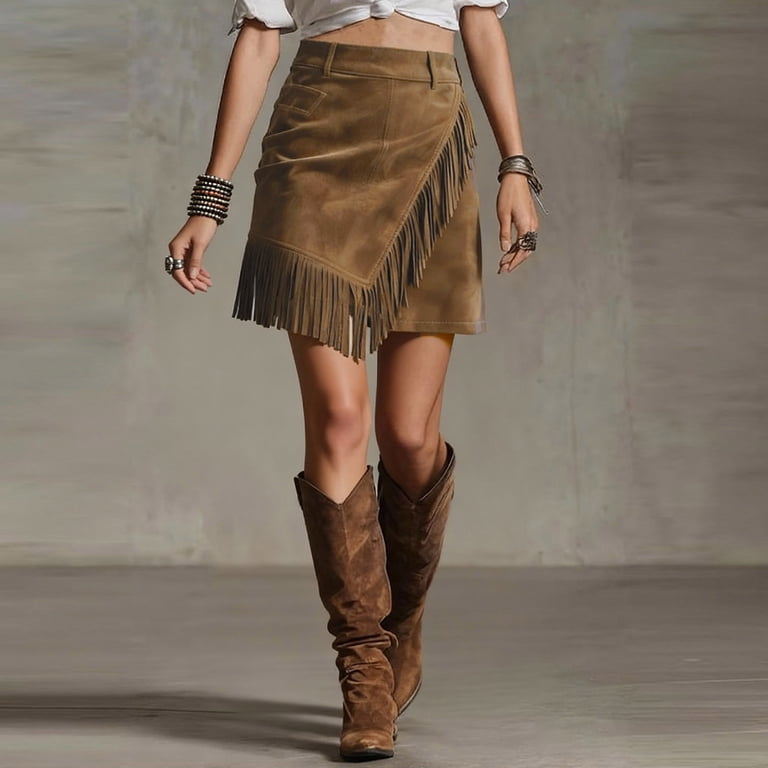 Aoochasliy Womens Fringe Suede Maxi Skirt High-Waisted Western