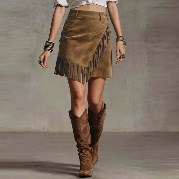 qelini Womens Western Skirt Mid-Length Skirt High Waist A-line Skirt Asymmetrical Hem Fringe Detail Cowgirl Skirt